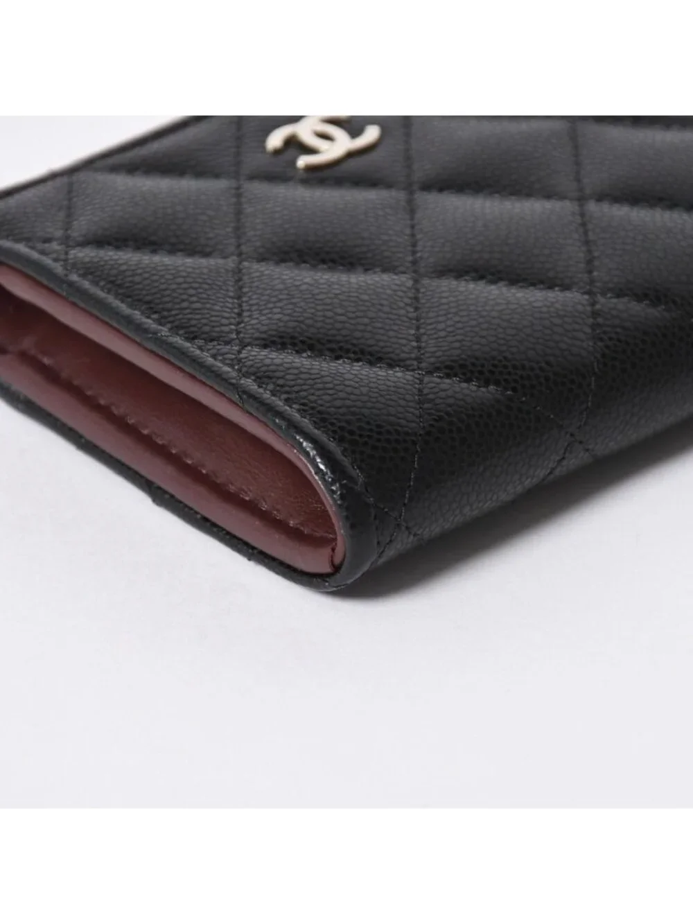 Chanel Quilted Compact Wallet Coin Purse Caviar Leather Black Gold